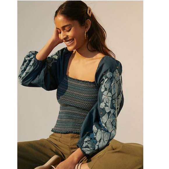 Anthropologie Boho Teal Embroidered Smocked Blouse with Puff Sleeves size Medium - Picture 10 of 10